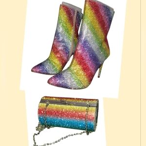 Rainbow Rhinestone Women's Boots And Matching Purse Set